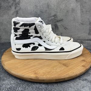 Vans Sk8-Hi Shoes Mens Size 6 Womens 7.5 White Black Cow Print Corduroy High Top